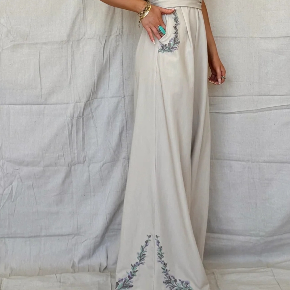 Elegant Cream Wide-Leg Jumpsuit with Embroidery